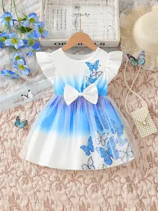 Girl's summer dress with butterfly print gradient short sleeved gauze skirt, ruffled sleeves and large bow embellishment, perfect for birthday parties and photography