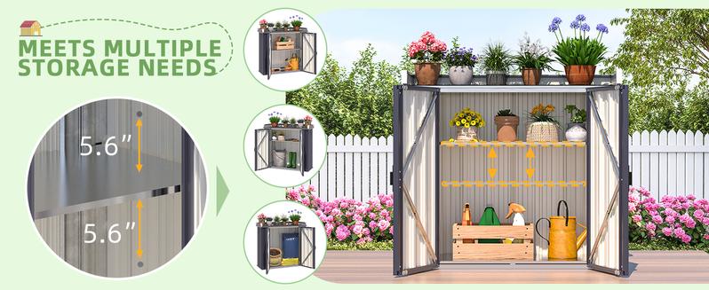 AECOJOY Waterproof Outdoor Storage Cabinet with Adjustable Shelves, Large Space for Gardening Tools, Gray Color, Galvanized Material, Compact Design Organization Organizer Organizing