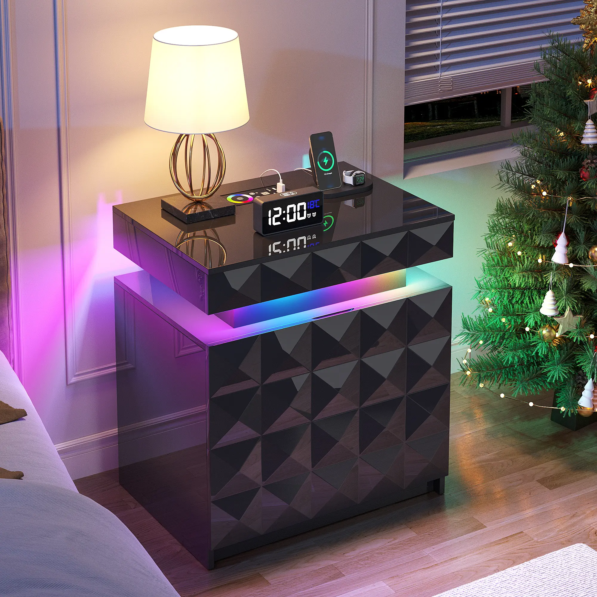 FREDEES LED Cube Bedside Table with Charging Station, 3-Drawer Lockable Hidden Storage, Human Sensor RGB Lights – Built-In, Contemporary, Decorated, Drawer-Equipped Nightstand for Bedroom, Built-In Bedside Tables, Contemporary Bedside Tables