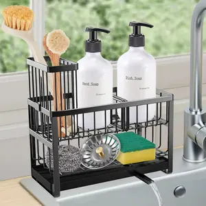 Kitchen Sponge Holder,2 Tier Sink Caddy Organizer with High Brush Holder,Stainless Steel Sink Box Dish Scrubber Holder,Soap Tray for Kitchen Counter Accessories & Storage Rack (Black)