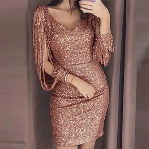 2024 New Women Sexy Dresses Glitter Sparkly Sequin Tassel Sleeves V Neck Club Mini Skinny Sundress Elegant Ladies Party Dresses