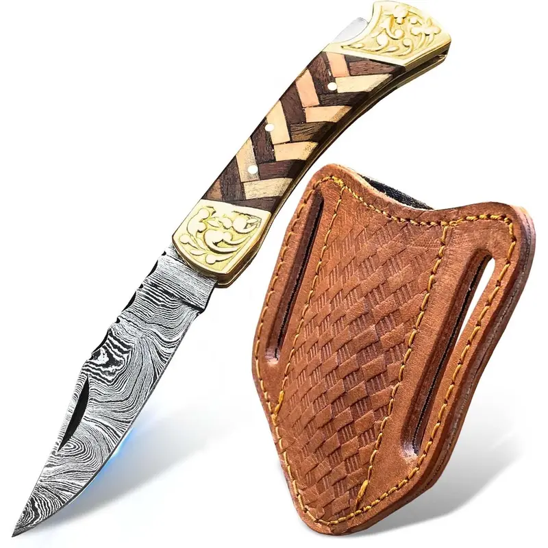 7"Handmade Damascus Pocket Knife with Sheath, Folding Hunting Knife with Wood Handle, Small Camping Knife for Outdoor
