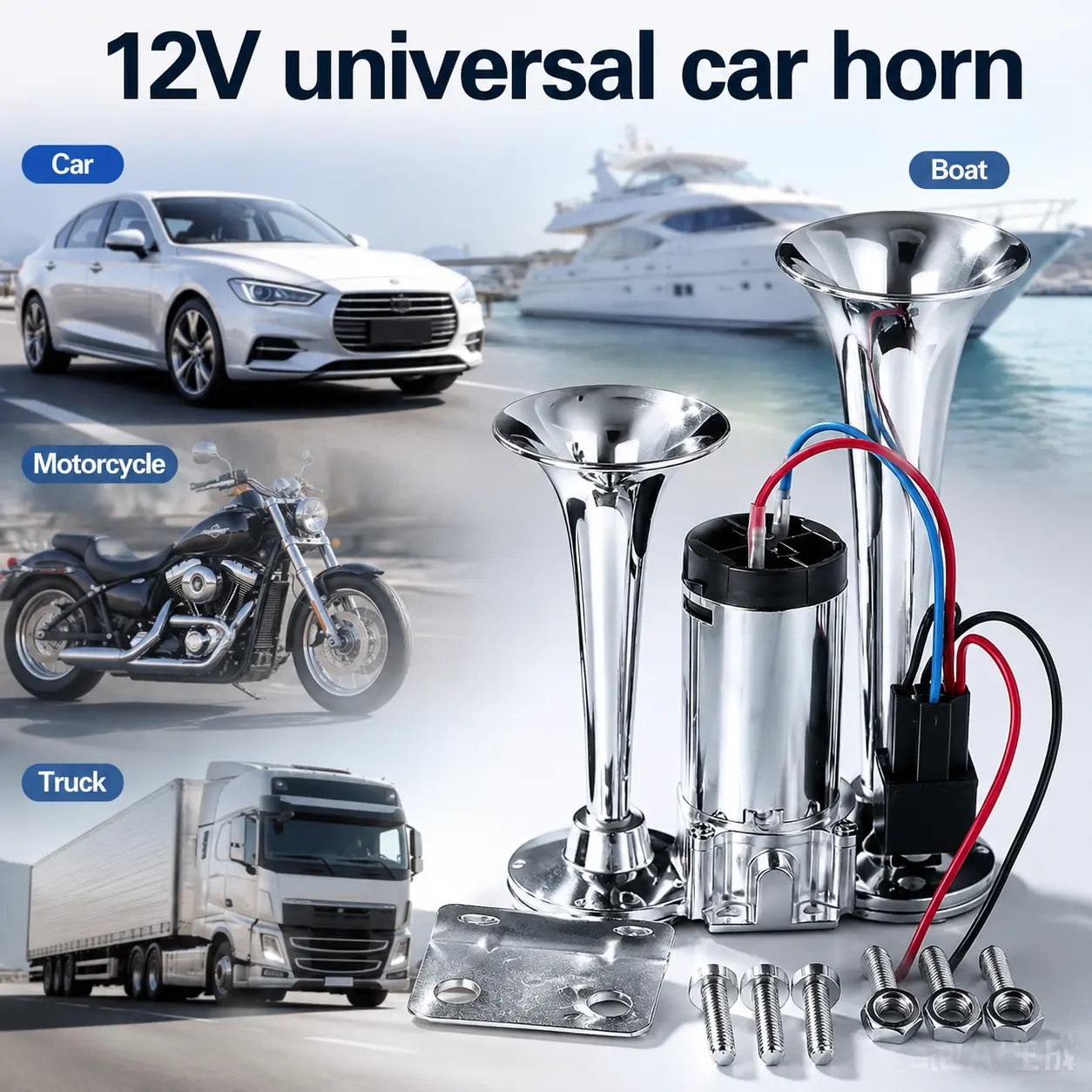 12V universal vehicle horn, high-pitched car integrated metal dual-tube horn, with relay and electric pump air horn, suitable for 12V cars, pickups, motorcycles, and boats, used in the vast majority of 12V vehicles on the North American market.