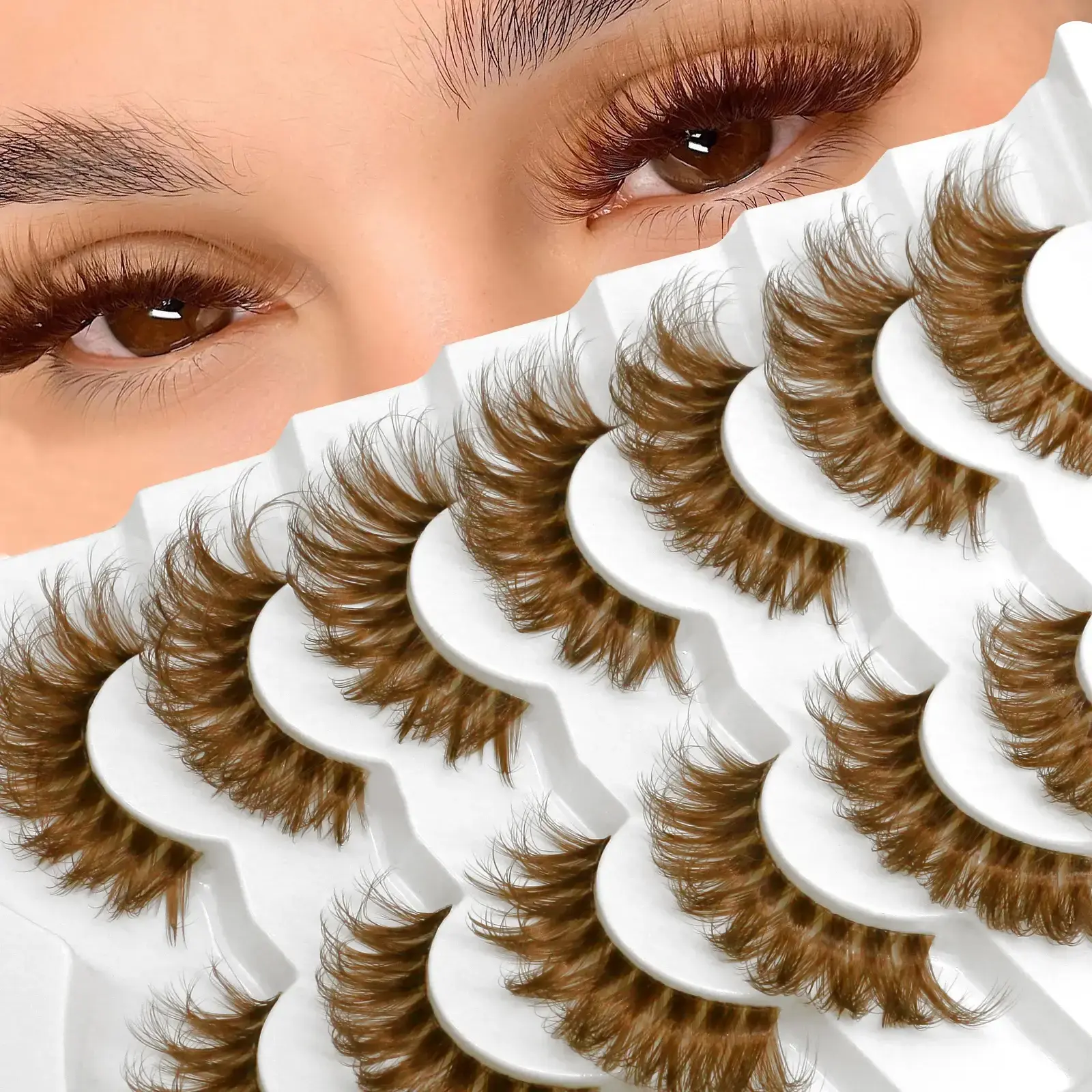 Veltrinay Brown Lashes Wispy Fluffy False Eyelashes Cat Eye Lashes Brown Eyelashes Clear Band D-Curly Fake Eyelashes Makeup 2026 New