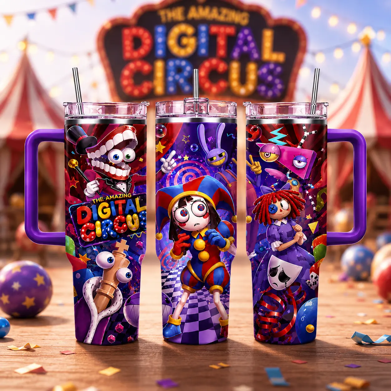 The Amazing Digital Circus Tumbler 20Oz & 40Oz, Pomni Jax Ragatha Character Travel Mug with Handle, Cartoon Fan Gift Cup