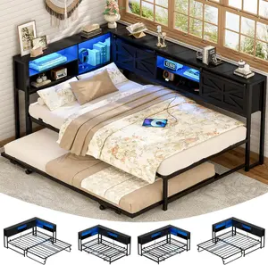 iSunirm Daybed with Pop Up Trundle, Corner Twin Bed Frame with Charging Station & LED, Reversible Twin Day Bed with Storage Bookcase Headboard for Bedroom, Living & Guest Room -【Frame Only No Mattress】