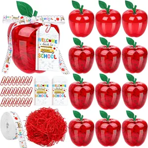 12 Pack Back to School Large Red Apple Container for Teachers Plastic Candy Toy Filling Container Jar with Cards Paperclips Raffia Teacher Appreciation Gift Boxes Wedding Party Decorations