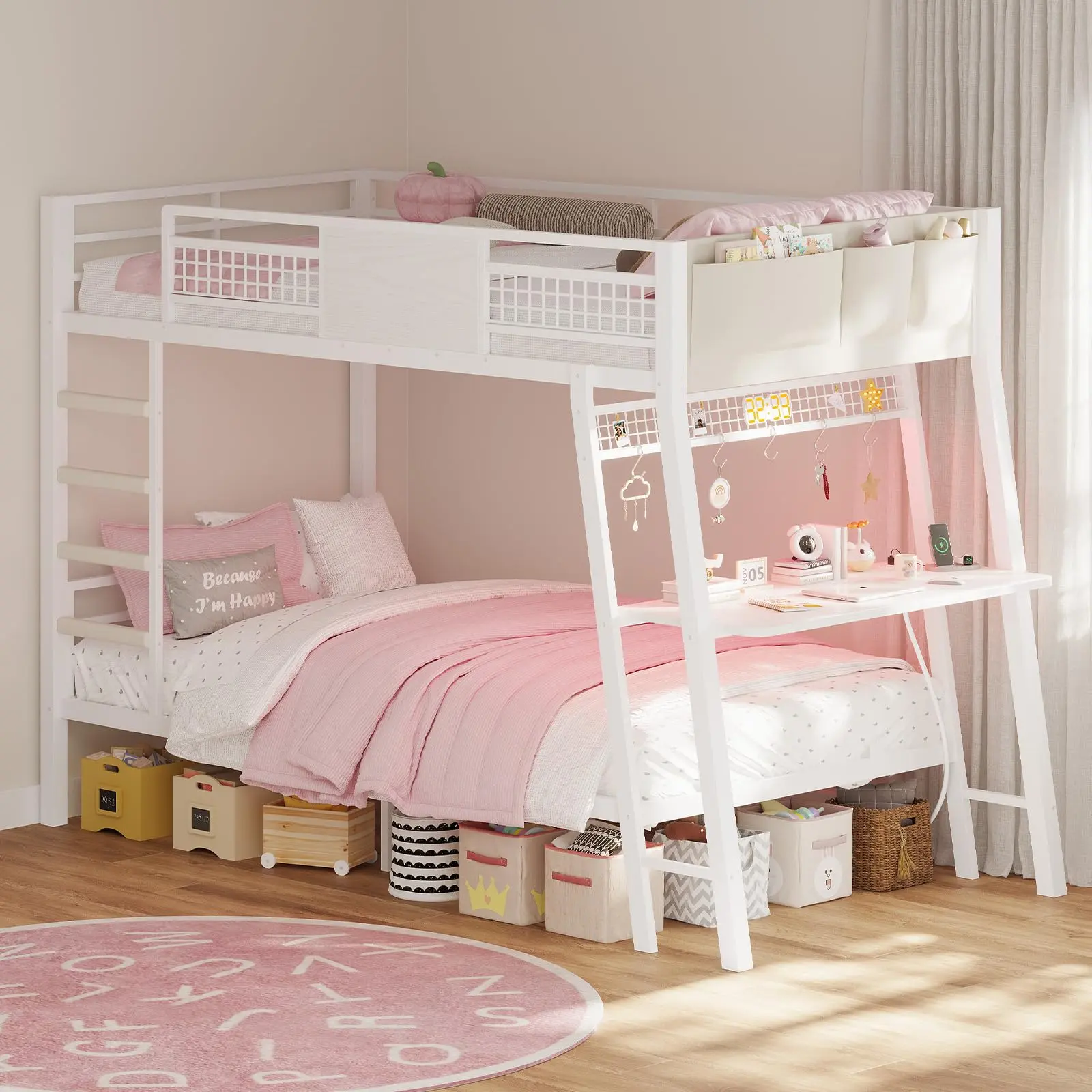 SIKAIC Twin Over Twin Metal Bunk Bed with Desk, Color Changing LED Lights, Storage, Power Outlet & USB Ports, White Indoor Furniture for Kid Room & Shared Bedroom