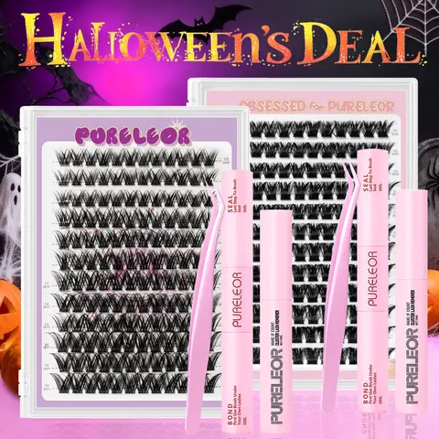 PURELEOR Cluster Lashes Kit - D Curl Individual Eyelash Extensions (10-16mm) - DIY At-Home Cosmetic Beauty Products with Polyester Components, Natural-Looking Lash Set