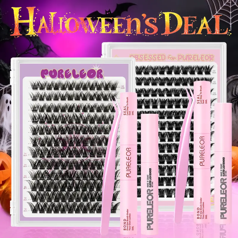 PURELEOR Cluster Lashes Kit - D Curl Individual Eyelash Extensions (10-16mm) - DIY At-Home Cosmetic Beauty Products with Polyester Components, Natural-Looking Lash Set