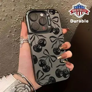 Black Cherry Pattern Case for iPhone 16 15 14 Pro Max 13 12 11 XR XS Plus Shockproof Anti-Scratch Durable PC Back Protective Cover for gift Protection Protector Casing Smartphone Cellphone Fun Astronaut
