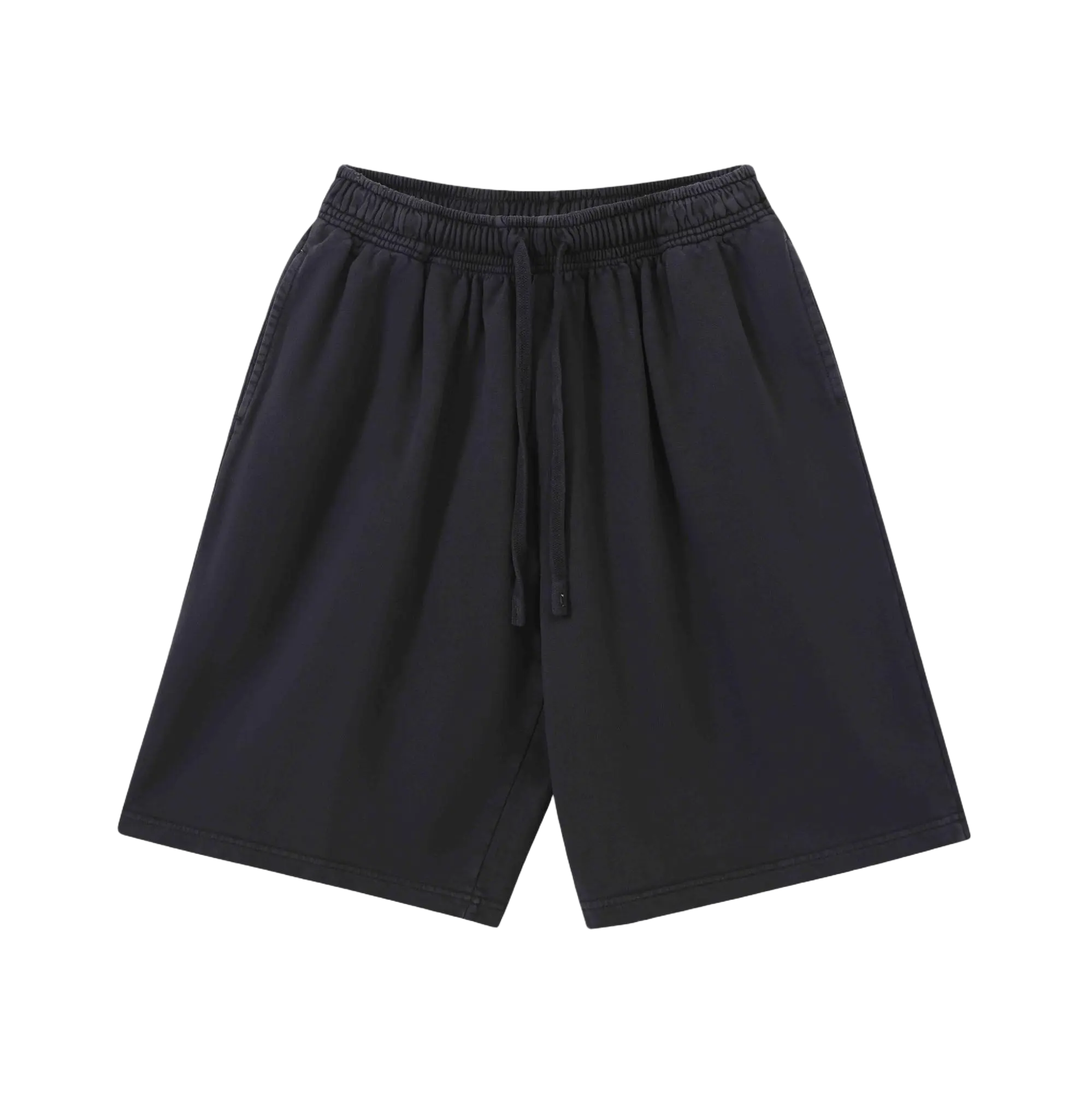 Men's Black Stretch  Shorts, Cotton Fabric, Loose Fit Cropped Pant  European and American retro style, large fleece, plus size, OVERSIZE with drawstring, Plain, Casual, Menswear, Black Shorts