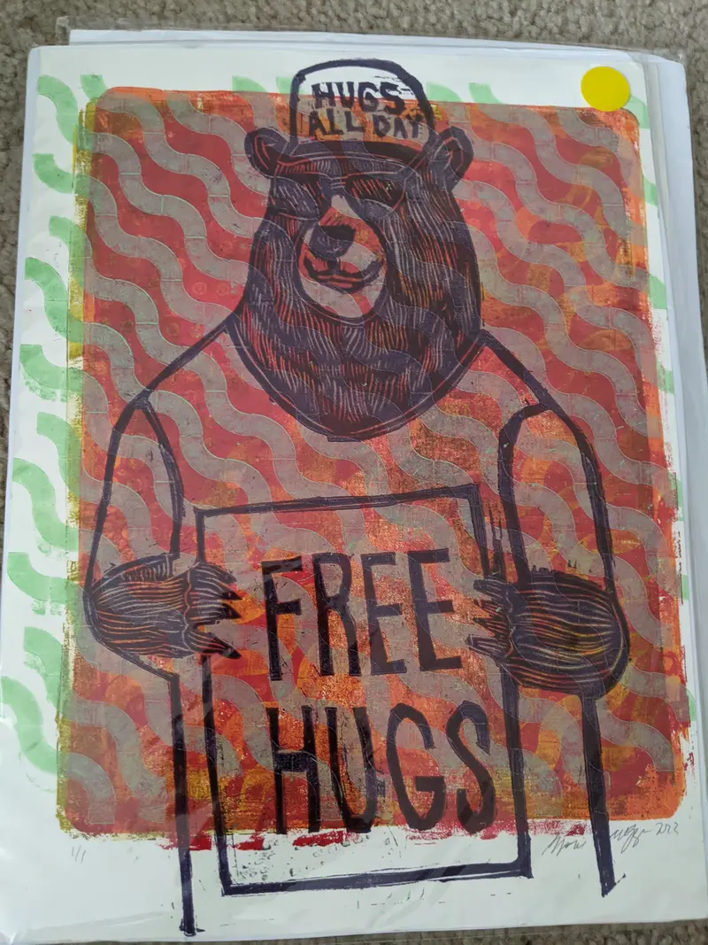 Free Hugs Layer Print - Dad Joke printmaking - Wiggins Artwork - Gelatin plate