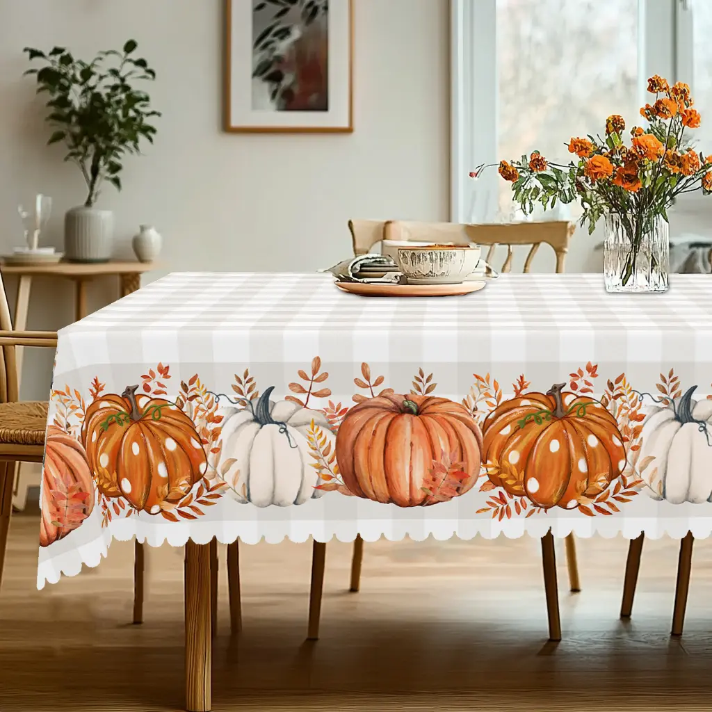 1pc Thanksgiving Pumpkin Tablecloth - Gray & White Checkered with Vibrant Orange & White Pumpkins, Fall Autumn Decor for Indoor/Outdoor Use, Rectangular Shape, Festive Holiday Table Setting Checkered Pattern | Tablecloth, Pumpkin Decorations