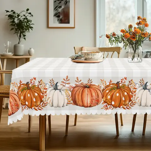 XEXSIN 1pc Rectangular Rustic Table Cover - Gray & White Checkered, Vibrant Orange & White Pumpkin Print, Thanksgiving Decor, Patio Decoration, Party Decoration Supplies for Family Gathering