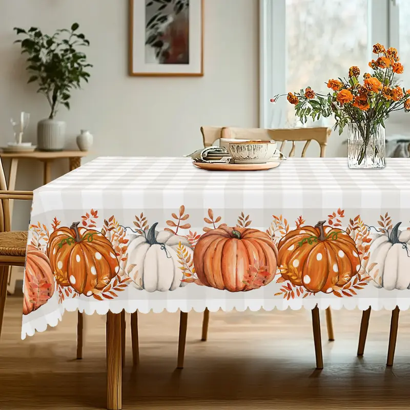 XEXSIN 1pc Rectangular Rustic Table Cover - Gray & White Checkered, Vibrant Orange & White Pumpkin Print, Thanksgiving Decor, Patio Decoration, Party Decoration Supplies for Family Gathering