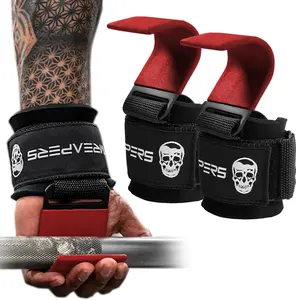 Premium Padding Gymreapers Lifting Hooks - Red, for Barbell