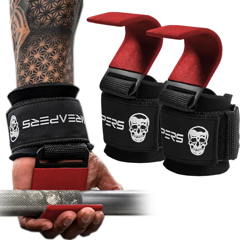 Gymreapers Premium Padding Lifting Hooks - Red, for Barbell