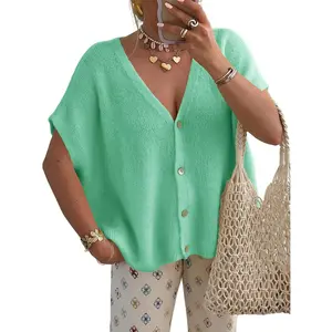 LAICIGO Womens Casual Oversized Cardigans Batwing Short Sleeve Lightweight Button V Neck Knit Sweater Tops