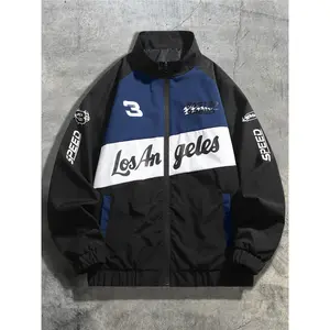 Men's Colorblock Stand Collar Jacket, Los Angeles Letter Print Casual Top, Loose Fit Long Sleeve Trendy Outerwear for All Seasons, Zippered Jacket