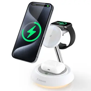 ZEEHOO 3-in-1 Wireless Charging Station with Dimmable Night Light | Fast Charging for iPhone 15 Pro 14 13 12 Max/Mini/Plus, Apple Watch & AirPods  |  Portable Wireless Desk Charger
