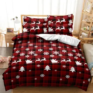 3pcs Down Elk Snowflake Christmas Theme Square Grid Quilt Cover Set Decorative Bedding Set Four Seasons Suitable Family Dormitory Hotel (1 * Duvet Cover+2 * Pillowcase, No Core)