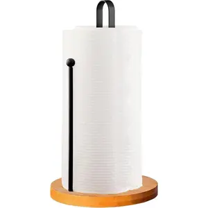 Wooden Paper Towel Holder Countertop, Kitchen-Towel-Holder FreeStanding with Side Bar for Kitchen Bathroom