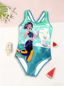Girls Kpop Series One-Piece Swimsuit, Cartoon Anime Print, Cross-Back Straps, Casual Fitted Jumpsuit, Beach Vacation New Swimwear, Fitted Design, Fun Swimsuit, Vibrant Design