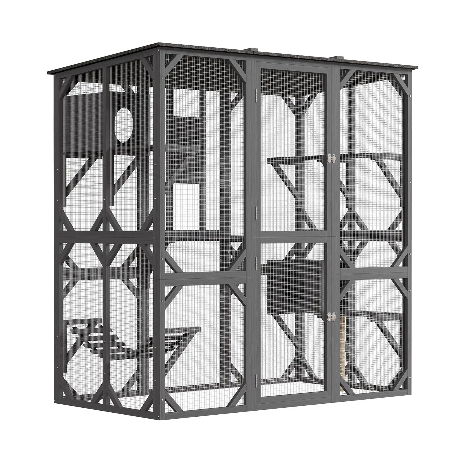70" Large Walk-in Catio with Window Access & Asphalt Roof, Outdoor Cat Enclosure with Scratch Post, Bridge, 4 Platforms & Hammock for Cats, Wood Cat Patio Grey