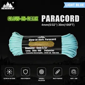 Light Blue Glow-In-Dark Paracord Rope, 350lb Tensile Strength, Ideal for Camping, Fishing, Umbrellas, Rvs, Canopies, Waterproof Fabric