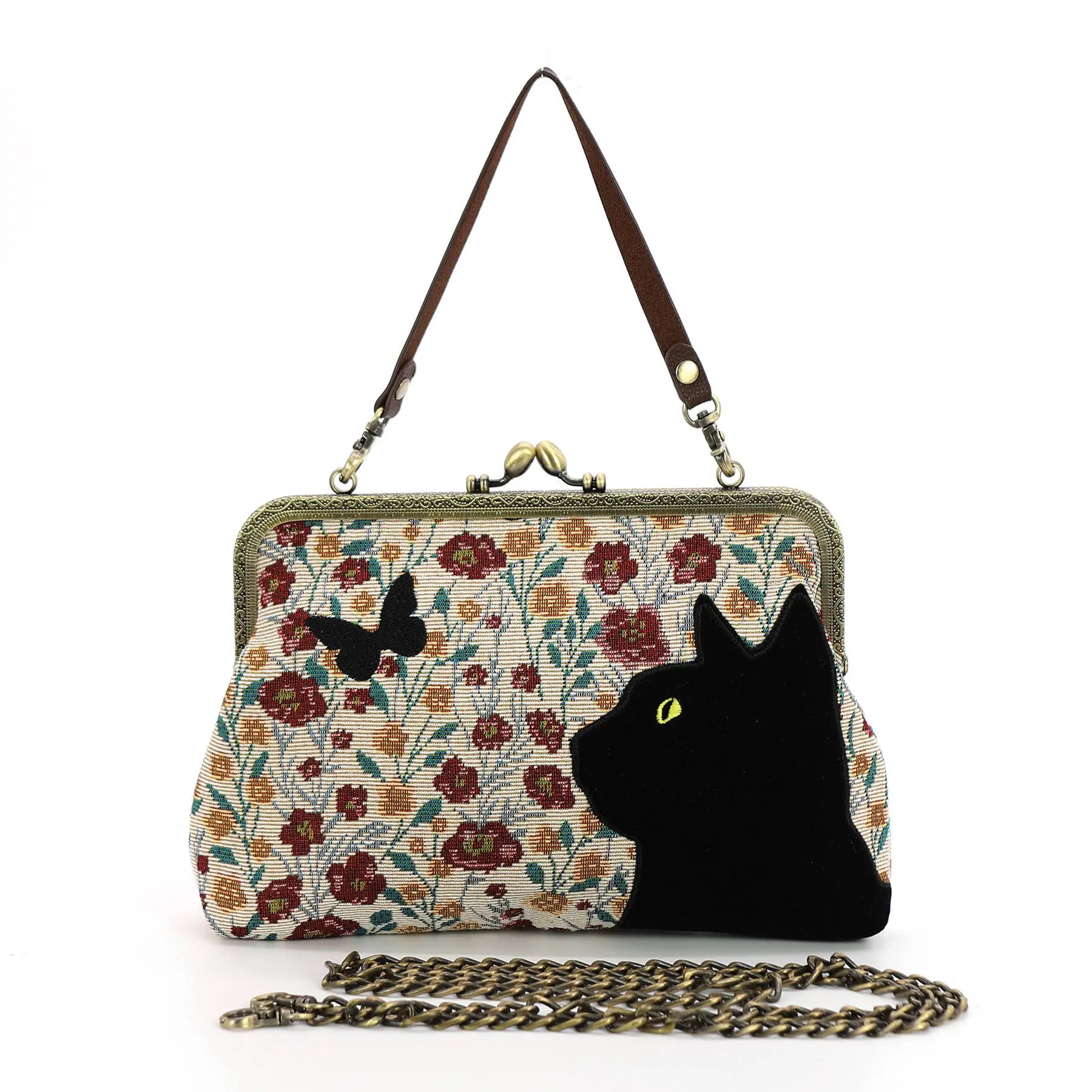 Kisslock Bag in Linen + Cotton Blend Fabric - Black Cat
