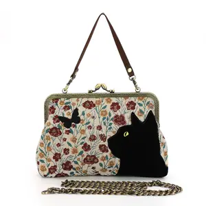 Kisslock Bag in Linen + Cotton Blend Fabric - Black Cat
