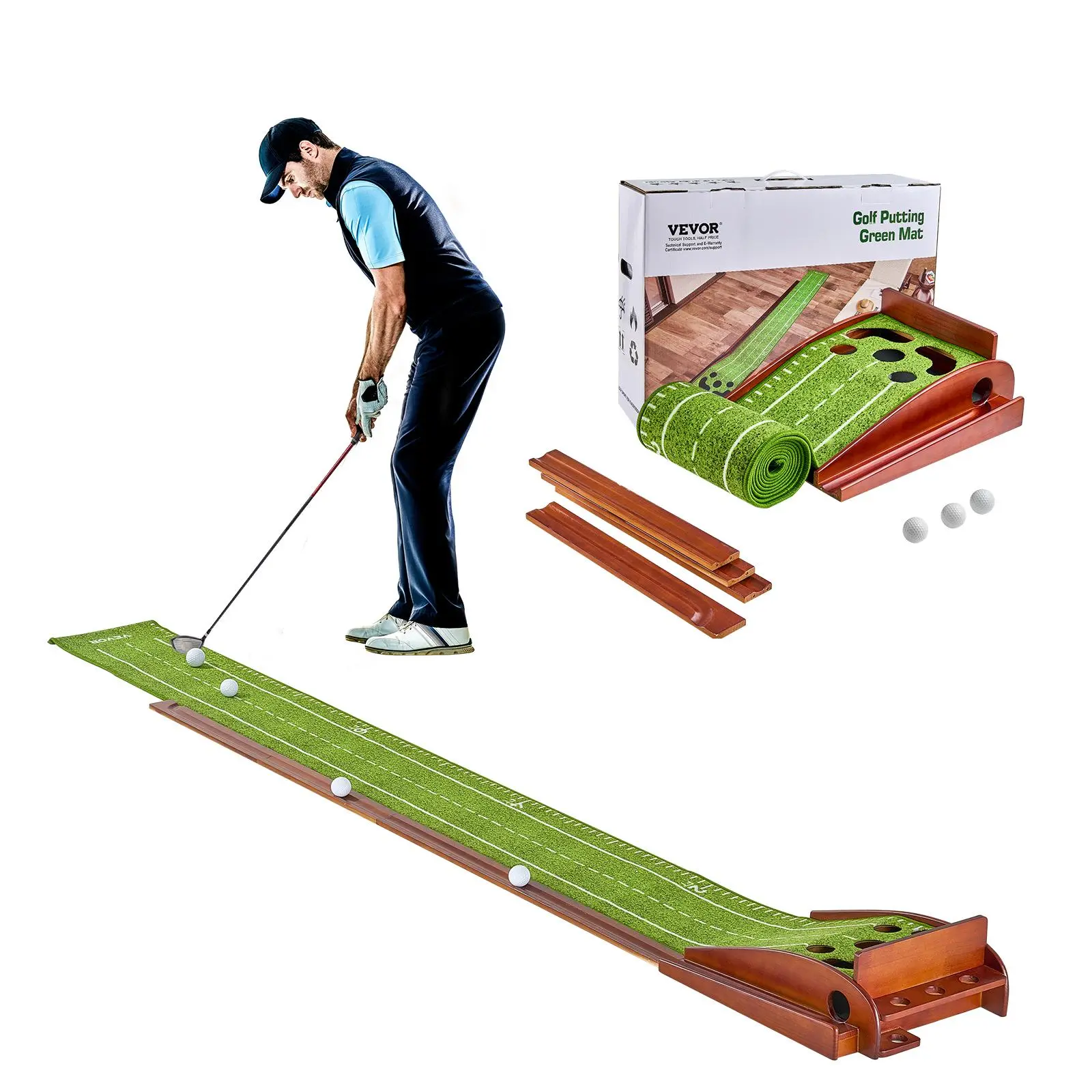 【SummerFinds】VEVOR Golf Putting Mat,  5 Hole Indoor Golf Putting Green, Wrinkle-Free Golf Training Aid, Mini Golf Set  with Auto-Ball Return, Alignment Guide, 3 Ball, Wood Base, Game Practice Gift for Home Offic