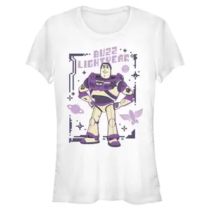 Juniors Womens Toy Story 5 Purple Buzz Frame T Shirt