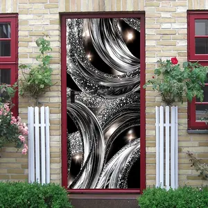 2pcs Luxury Silver Black Wave Pattern Diamond Wall Stickers Self Adhesive Waterproof Removable Art Door Decals Modern Minimalist Home Living Room Bedroom Decorative Wall Art for Party Festival Decoratio