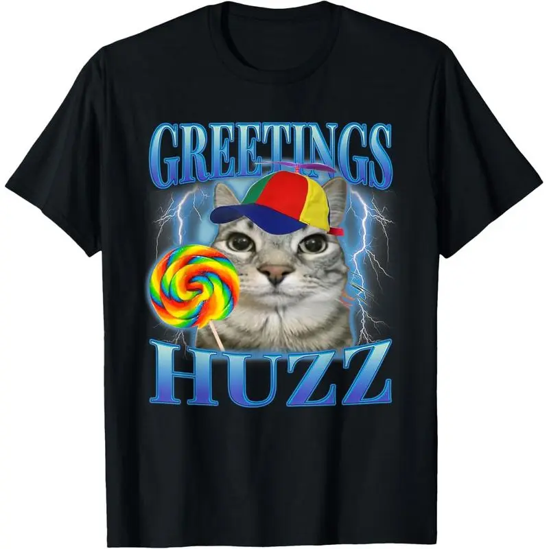 Lollipop Cat Meme Shirt - 'Greetings Huzz' Brainrot Tee! Viral Funny Cat Shirt For Men Women & Kids. Limited Drop Soft Cotton Top. Meme Locker Essential.