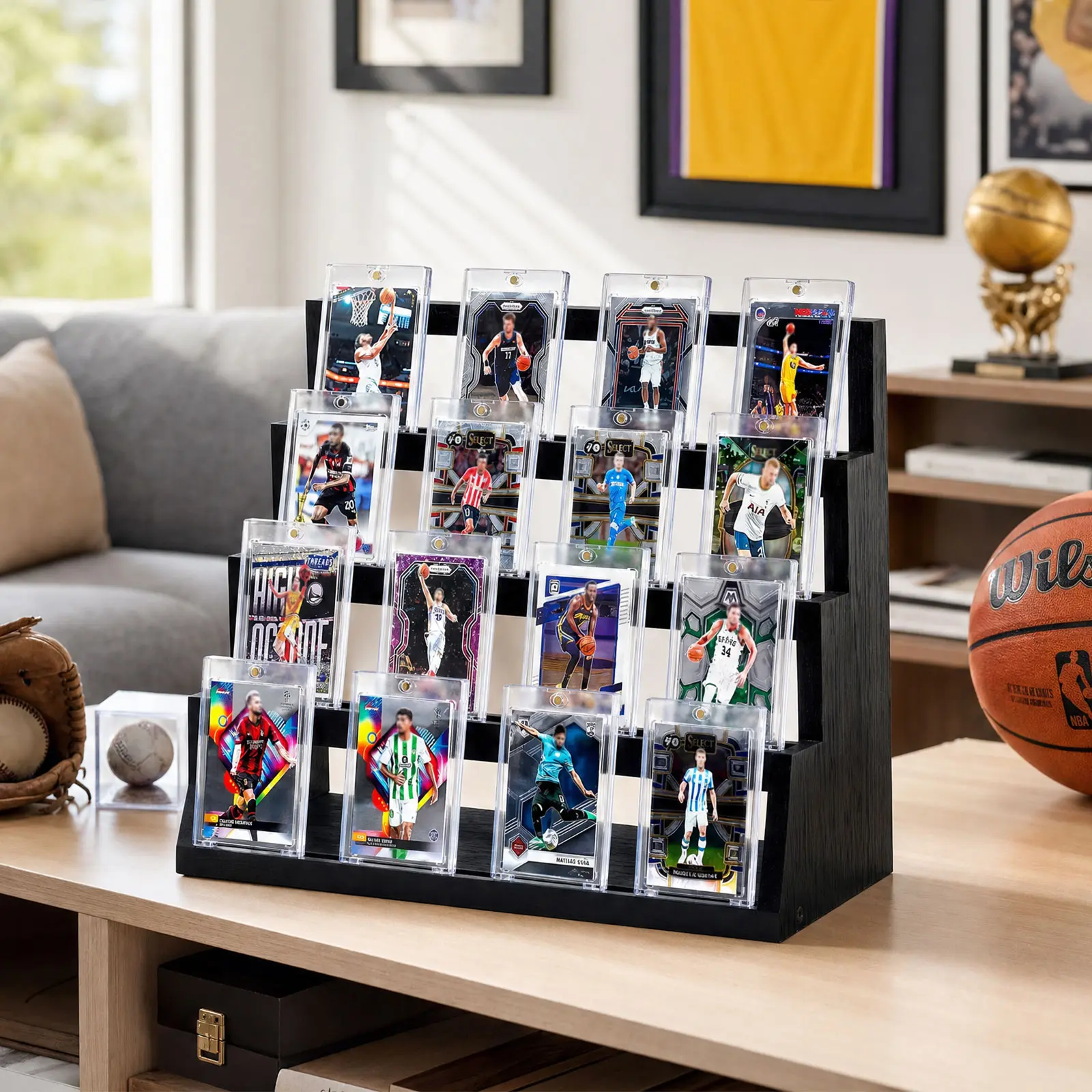 Emfogo 4-Tier Wooden Trading Card Display Stand for Graded Sports Cards, PSA BGS SGC CGC Card Holder Organizer, Black