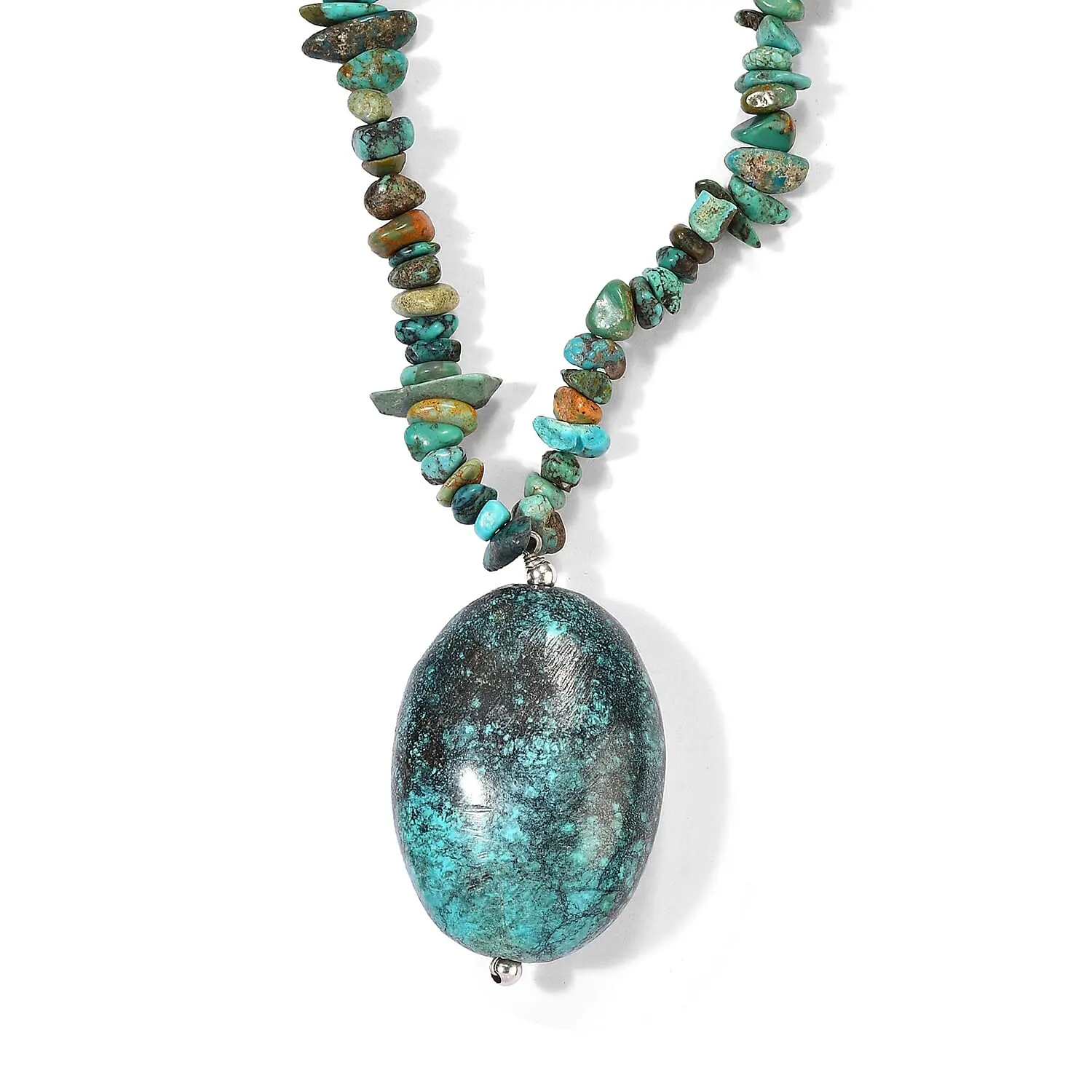 D''Joy Turquoise 275.00 ctw Tumble Pendant with Chips Necklace (22-24 Inches) in Rhodium Over Sterling Silver