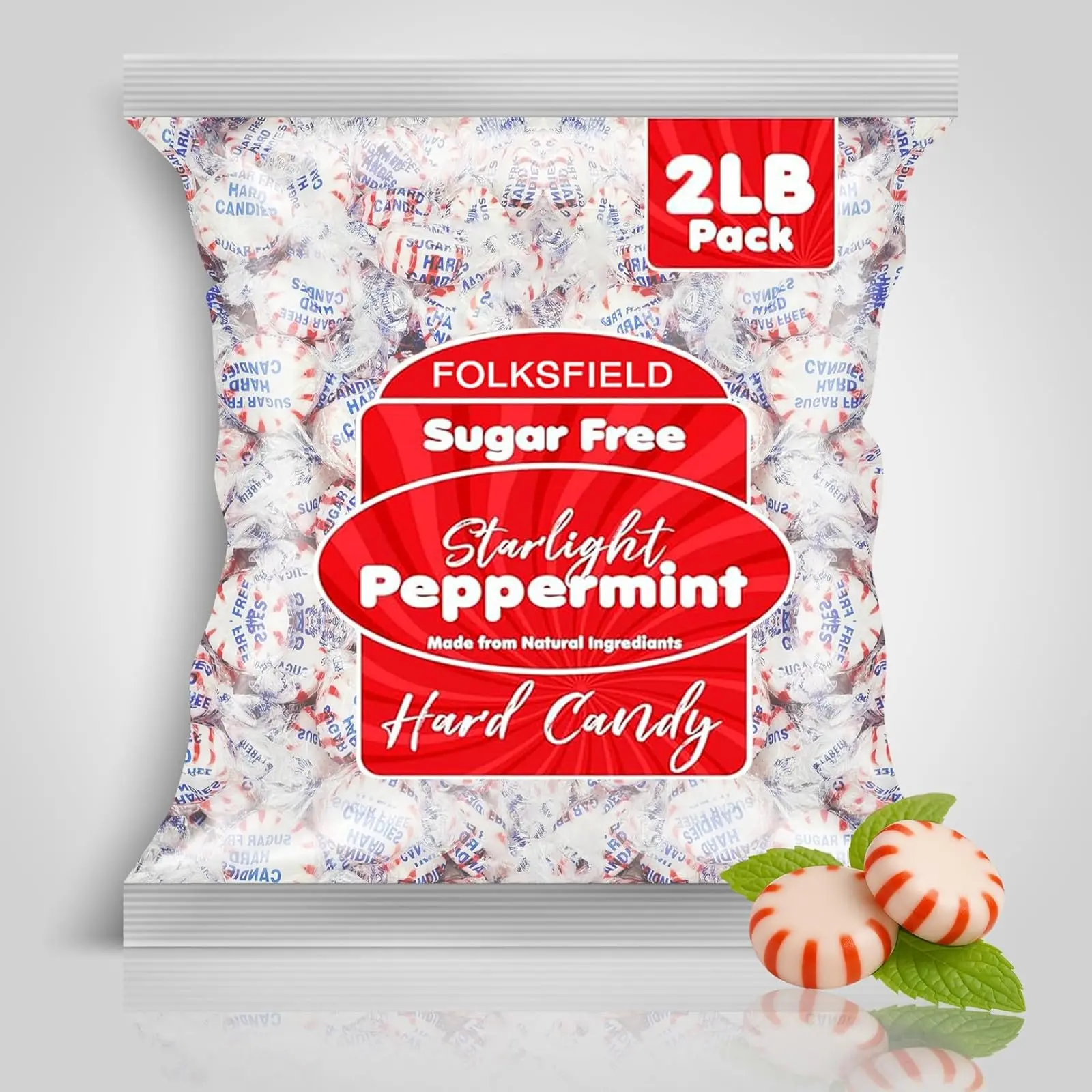 Sugar-Free Peppermint Hard Candies, 2 Lbs Individually Wrapped Low Sugar Snack, Keto-Friendly Carb-Free Cool Mint Breath Neutralizing Boiled Sweets with Natural Oil, USA-Packaged Healthy Snacks for Diabetics