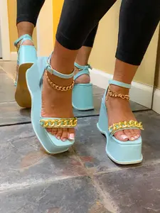 Trending Lt Blue Sandals for Women - Comfortable Summer Footwear with Gold Accents, Ideal for Walking and Comfort