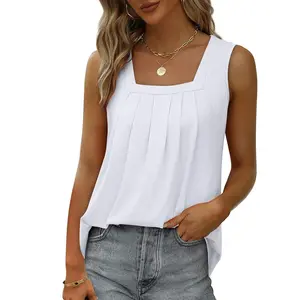 Summer Tank Tops for Women Loose Fit Pleated Square Neck Sleeveless Tops Womenswear