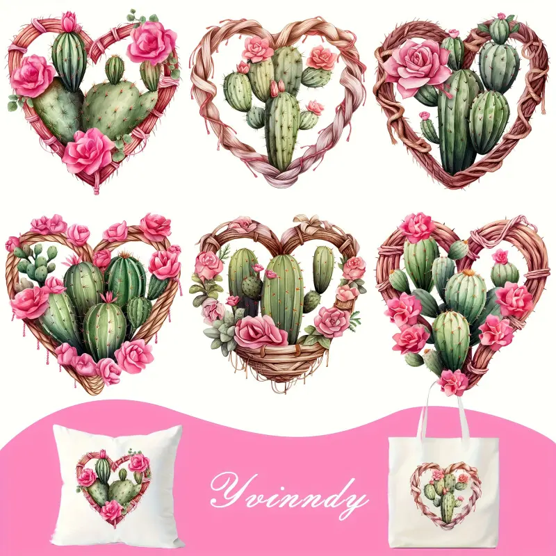 Valentine's Day Cactus-Themed Heat Transfer Sticker 6-Piece Set, suitable for washable printing on T-shirts and iron-on patches. Utilizing high-definition printing technology to achieve realistic effects, perfect for decorating bags.