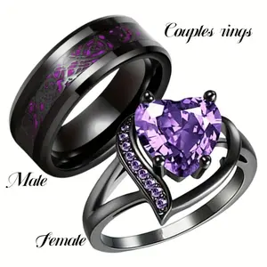Couples Promise Rings with Heart & Dragon Designs Purple Red Green Blue Zircon Ideal for Engagement Wedding Gifts Romantic Theme Hypoallergenic Scratch Resistant Valentine's Day Gift