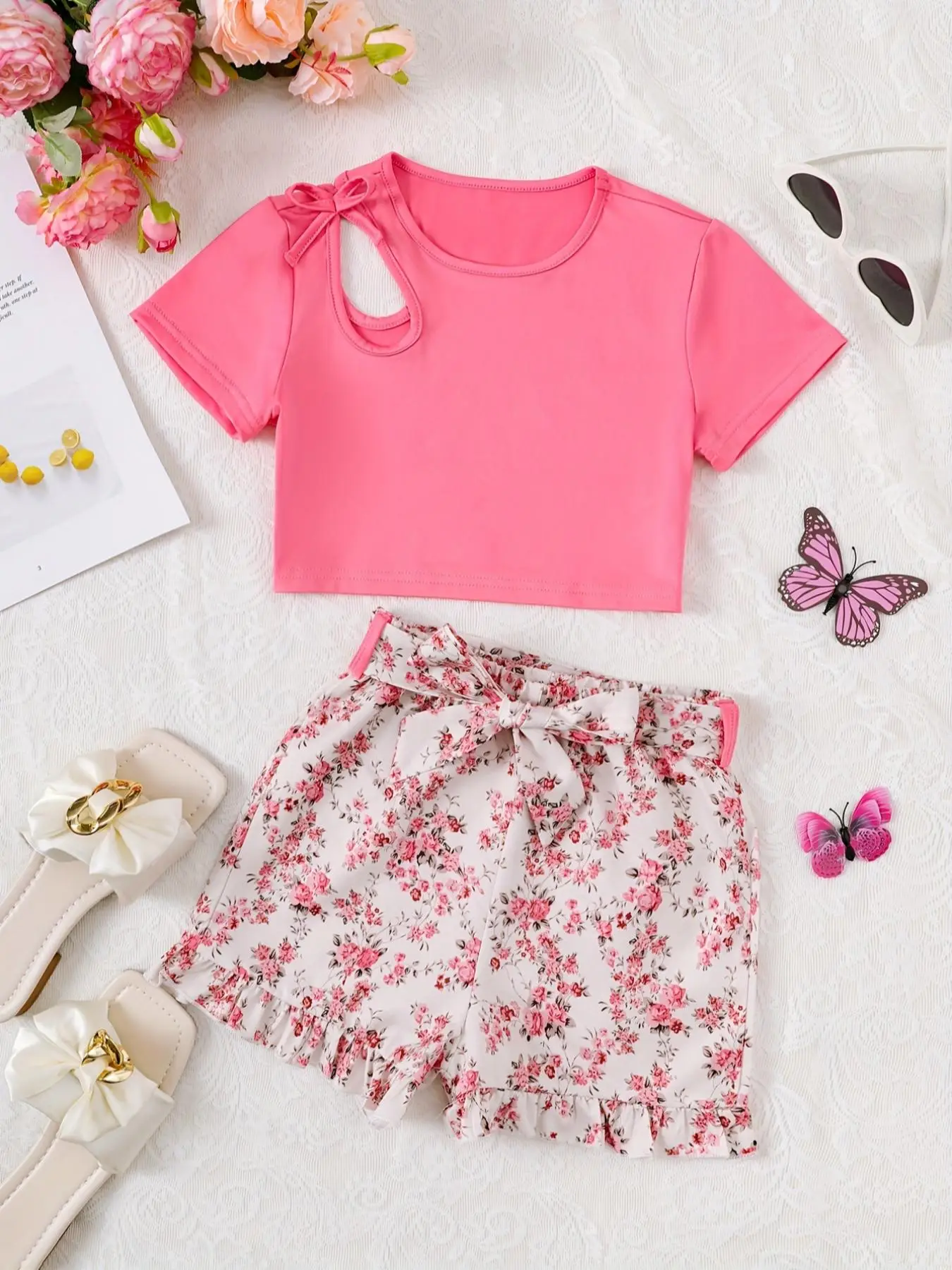 Girl's Bow Front Cut Out Crop Tee & Ditsy Floral Print Ruffle Hem Belted Shorts Set, Casual Short Sleeve Round Neck T-shirt & Shorts, Summer Outfits C