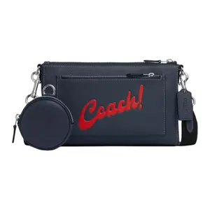 COACH Holden 25 Logo Zip Crossbody Bag for Men – Pebbled and Smooth Calf Leather, Denim Blue