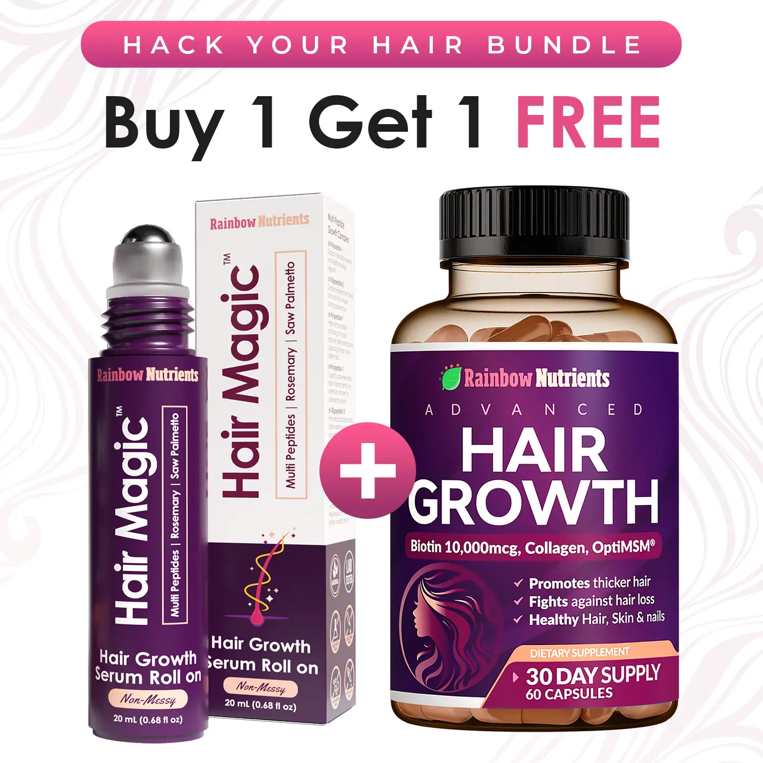 Hair Growth Bundle | Hair Growth Supplement + Hair Magic Serum | Supports Thicker Fuller Looking Hair | Rainbow Nutrients