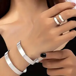 "14K Gold Plated Cuff Bangle and  Ring Set - Minimalist Style"