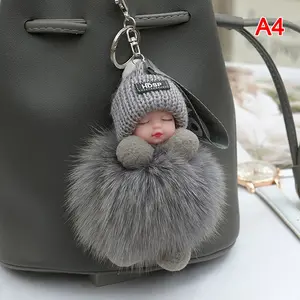 Pompom Sleeping Baby Keychain Cute Fluffy Plush Doll Keyholder Women Girl Bags Keyrings Cars Key Ring Gift Charming Decoration
