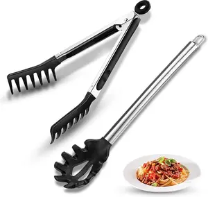 Spaghetti Spoon and Pasta Tong 2 Pieces Non-Stick 13-Inch Silicone Fork & 9.8-Inch Stainless Steel Handle Kitchen Utensils, Food Clip Noodle Set