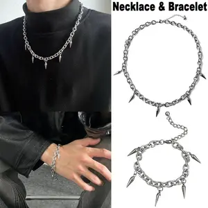 2pcs Punk Titanium Steel Necklace & Bracelet Set for Men, Chic Silvery Rivets Tassel Pendant Necklace Handmade Adjustable Minimalist Clavicle Chain Vintage Titanium Steel Chain Party, Proms, Music Festivals, and Holiday Wear